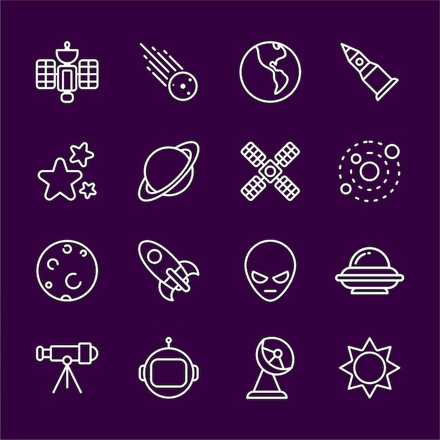 Vector icons representing spacerelated elements like planets stars and rockets ideal for astronomy