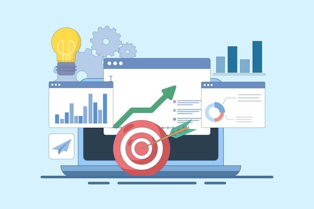 vector illustration about business chart on laptop and target arrow or business marketing dashboard