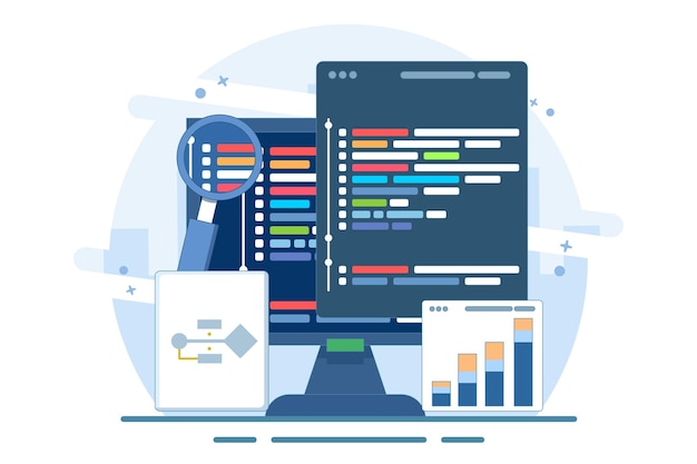 vector illustration about Computer programming concept or software or game development