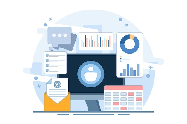 vector illustration about user profile and analytics concept on screen with email notifications