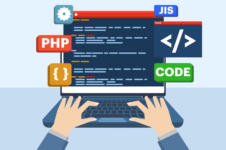 Vector vector illustration about web development concept or web designing with computer programming