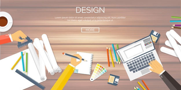 vector illustration flat architectural project teamwork building and planning construction pencil