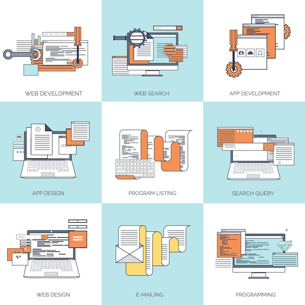 Vector illustration flat background coding programming seo search engine optimisation app
