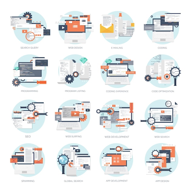 Vector illustration flat background coding programming seo search engine optimisation app