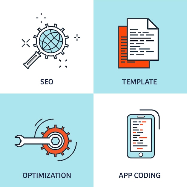 Vector illustration Flat background Coding programming SEO Search engine optimization App development creation Software program code and web design