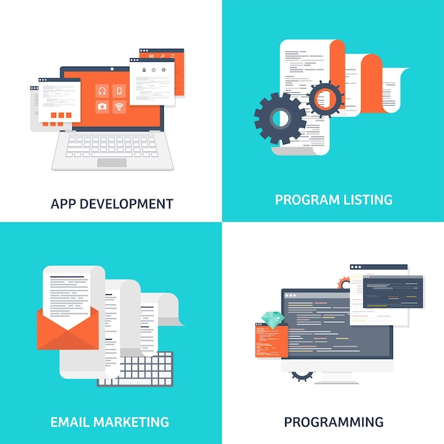vector illustration flat background coding programming seo search engine optimization app