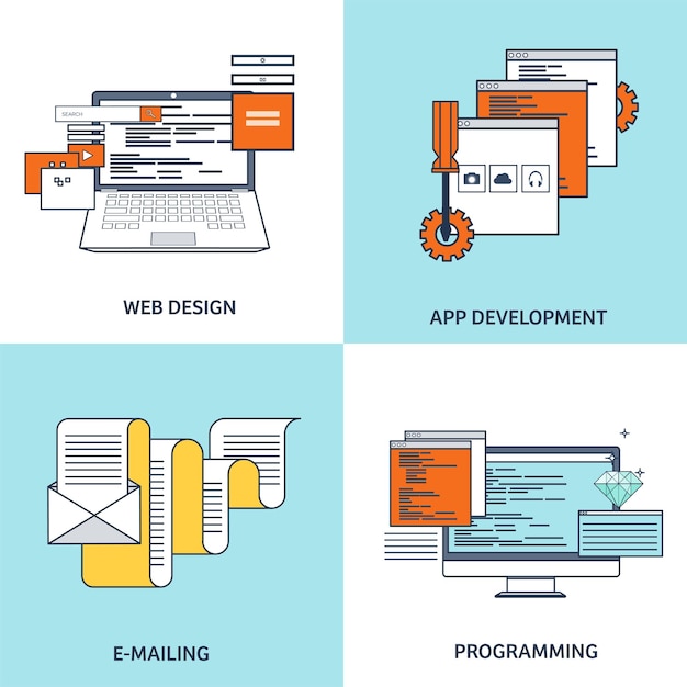 vector illustration flat background coding programming seo search engine optimization app