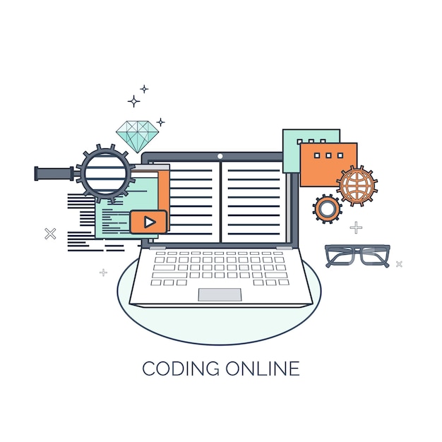 Vector illustration flat computing background programming coding web development and search seo
