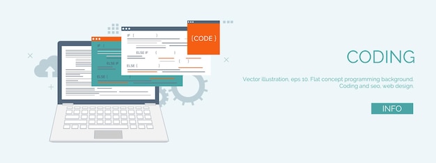 Vector illustration flat computing background programming coding web development search engine