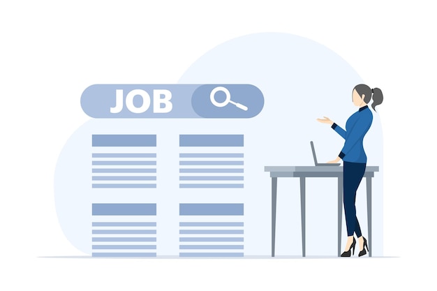 vector illustration job search concept with character using laptop to search for work