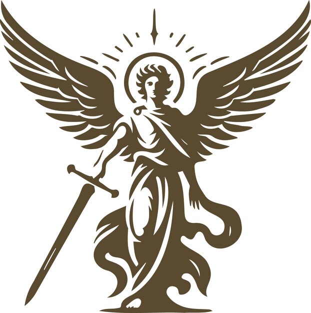 vector illustration of a celestial figure with a sword in stencil format