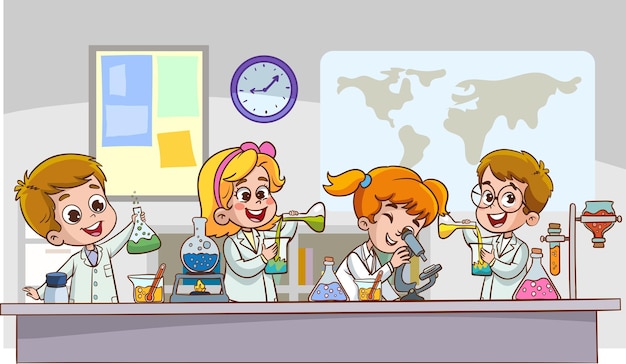 Vector illustration of a chemistry lesson with a cute students in a lab