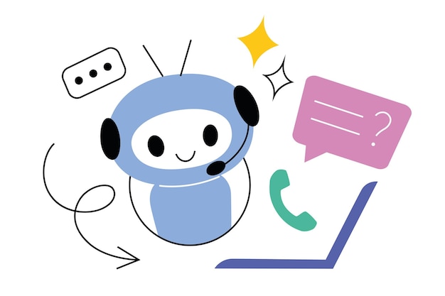 Vector illustration of a friendly chatbot assistant with headset and speech bubbles ai powered