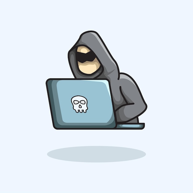Vector illustration of a hacker attack showing a hooded figure in front of a computer