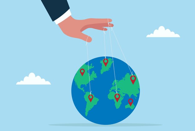 Vector illustration of a hand controlling a location pin on Earth with strings like a puppet symbolizing global control location tracking data manipulation navigation power and digital influence