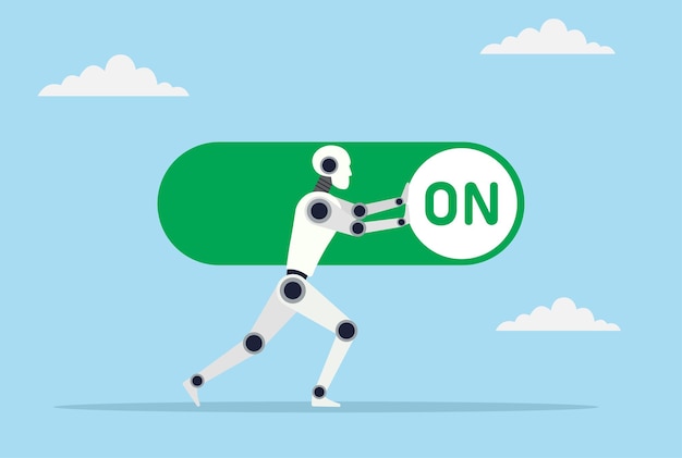 Vector illustration of a robot attempting to switch a button from OFF to ON symbolizing AI activation automation control technological progress and system startup