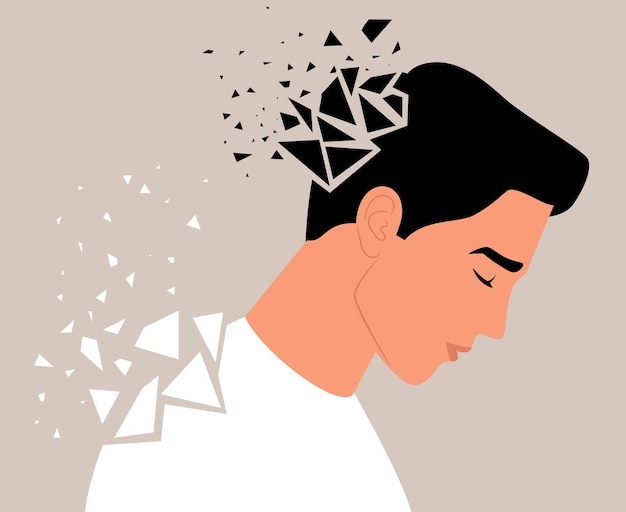 vector illustration of a sad man broken into many fragments which showing the mental health problems concept of depression anxiety fatigue