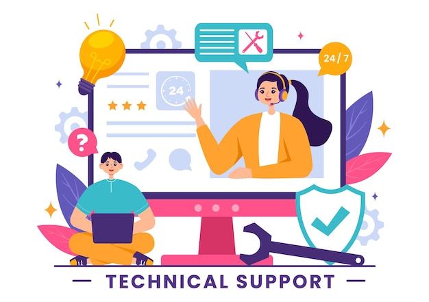 Vector Illustration of a Technical Support System featuring Software Development Customer Service and Technology Help in a Flat Cartoon Background