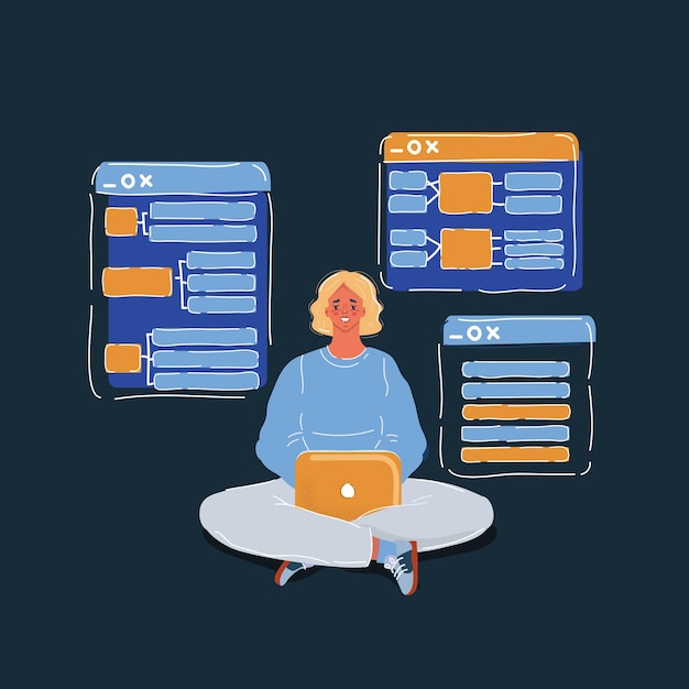 Vector illustration of Business Woman or Freelancer Working on Laptop Freelance
