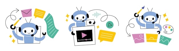 Vector illustration of cute ai robot assistant creative tasks chatbot writing messages making or