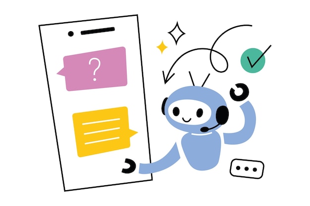 Vector illustration of cute chatbot character helping with communication on mobile device modern