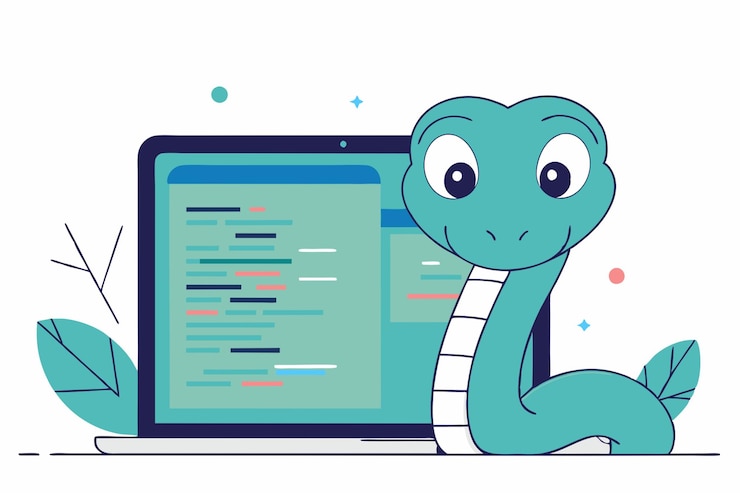 Vector vector illustration of cute python coding on the laptop