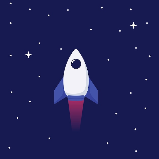 vector illustration of cute space rocket traveling through dark space