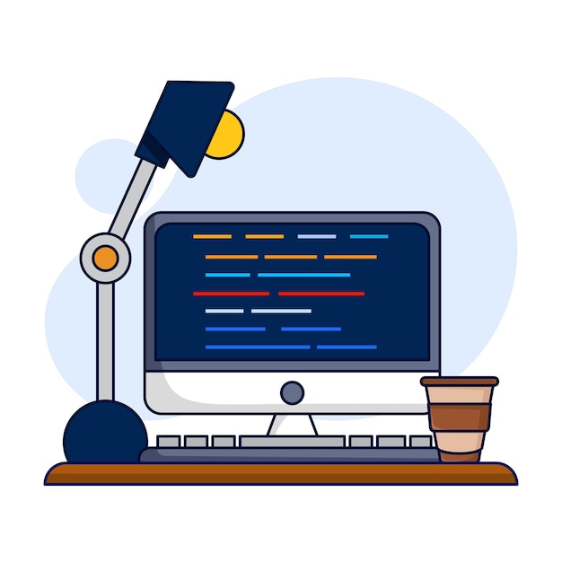 vector illustration of professional programmer workbench setup concept with open project on monitor