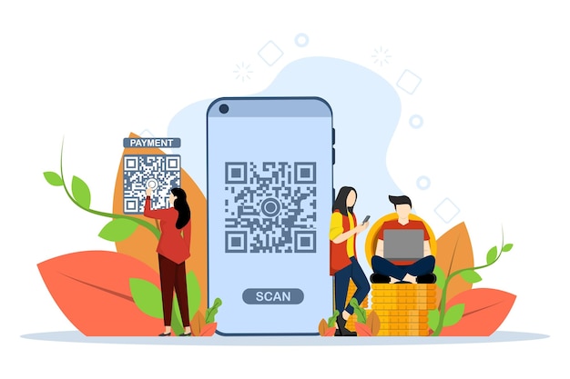 vector illustration of QR Code scanning Concept with Displaying scan code of people using smartphone