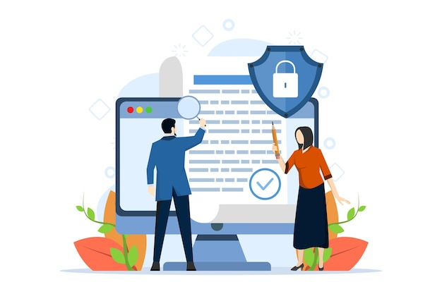 vector illustration of the concept of businessmen signing a contract for data protection