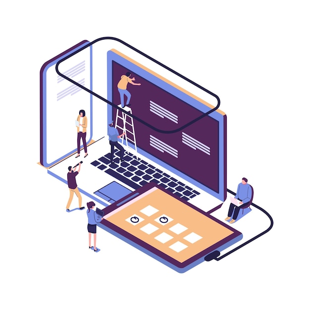 vector illustration of the concept of web page design and development of mobile websites small people are working on creating a website applications transferring information