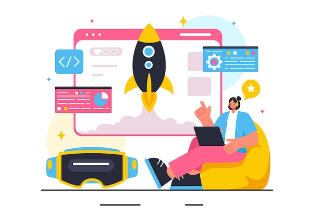 Vector Illustration of Video Game Development with Games Digital Technology Programming and Coding in a Flat Style Cartoon Background