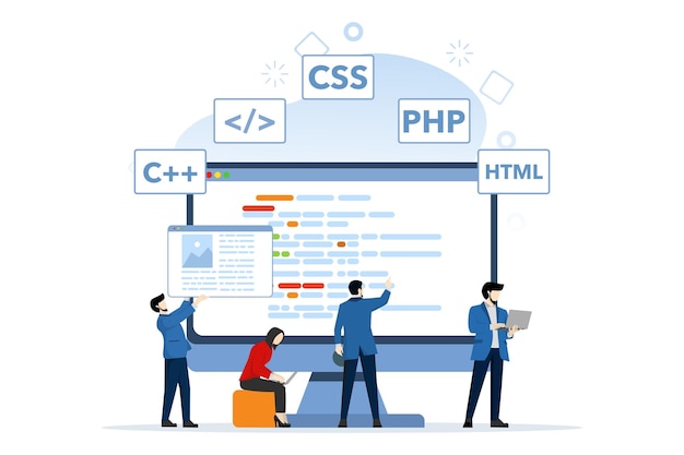 vector illustration of web development with characters designing and developing websites and apps