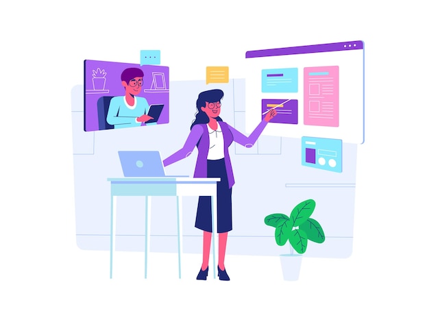 vector illustration teacher teaching from home during pandemic covid19 situation flat cartoon style