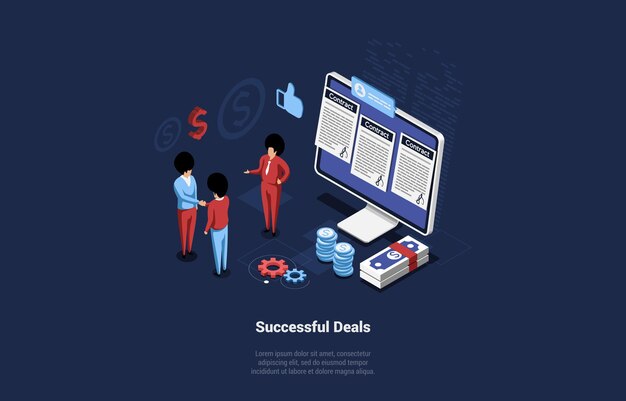 Vector Illustration With Characters, Cartoon 3D Style, Isometric Composition. Successful Deals Concept. Business Contract, Working Partners. Company Strategy System, Financial Profit For Organization