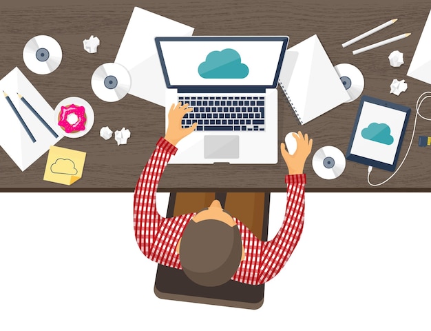vector illustration workplace table with documents computer flat cloud computing background media
