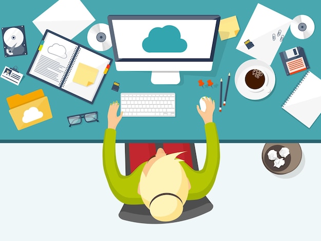vector illustration workplace table with documents computer flat cloud computing background media