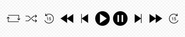 vector isolated music player interface icon set in black color