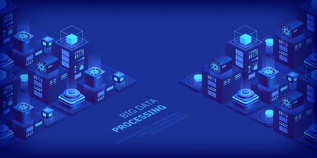 Vector isometric server room Quantum computer Cloud storage data center Web hosting