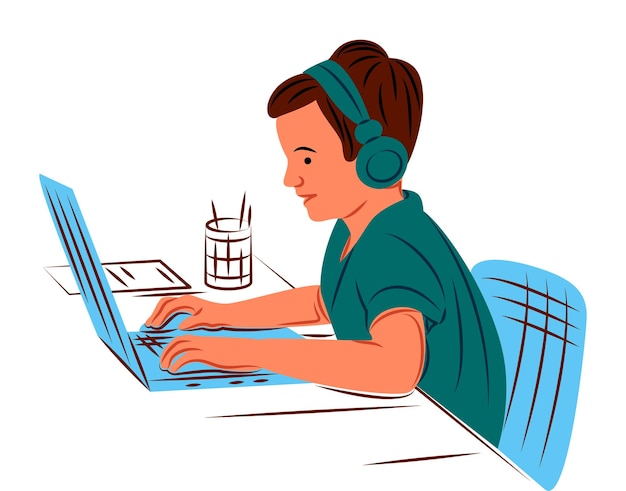 Vector kid with laptop in shadow of sharp lines style