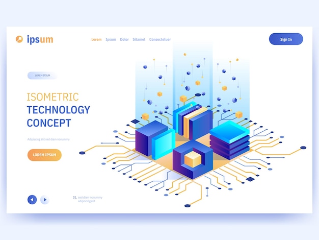 Vector landing page of Isometric Technology concept Huge computer microchips or electronic circuits working programming internet connected Illustration of development and optimization hardware