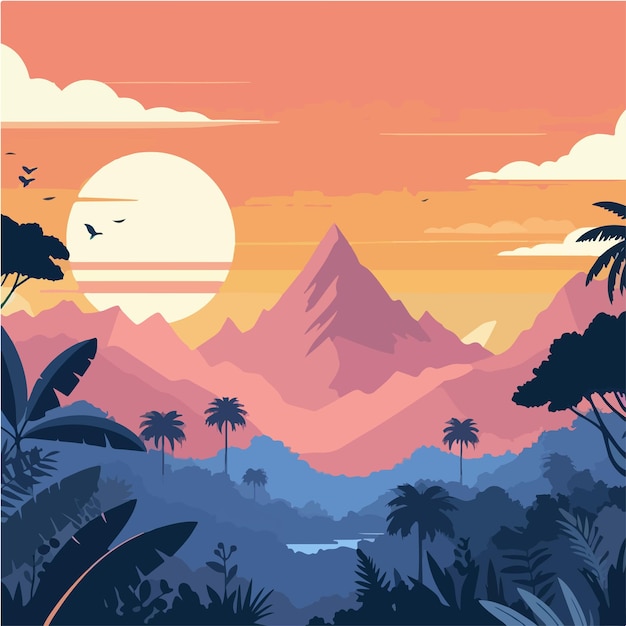 Vector landscape of mountains with tree and forest in a flat design style