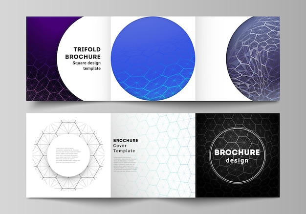 vector layout of square format covers design templates for trifold brochure. digital technology and big data concept with hexagons, connecting dots and lines, polygonal science medical background.