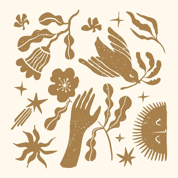 Vector minimalist illustration with hand drawn groovy flowers and birds