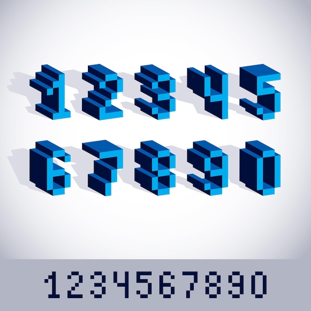 vector modern tech whole numbers set. geometric pixilated digits, 3d dotted 8 bit numeration from 0 to 9.