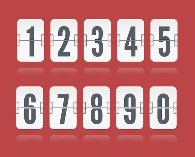 Vector numeric flip scoreboard set with reflections floating for white countdown timer or web page watch or calendar isolated on red background