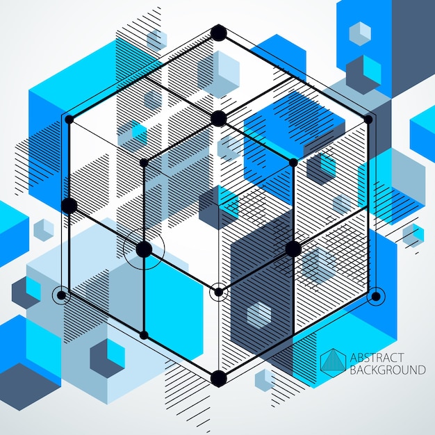 Vector of abstract geometric 3D cube pattern and blue background. Layout of cubes, hexagons, squares, rectangles and different abstract elements.