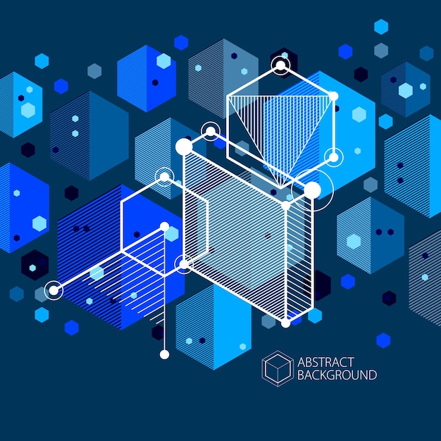 Vector of abstract geometric 3D cube pattern and dark blue background. Layout of cubes, hexagons, squares, rectangles and different abstract elements.