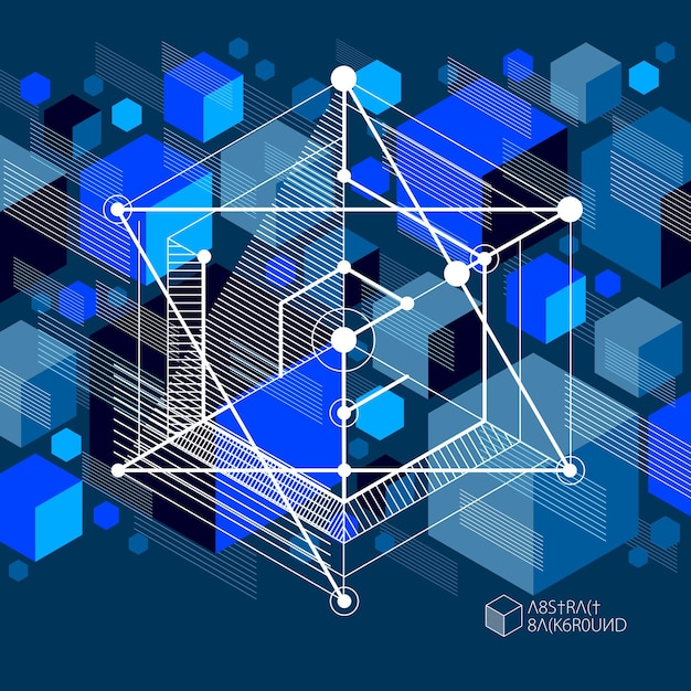 Vector of abstract geometric 3D cube pattern and dark blue background. Layout of cubes, hexagons, squares, rectangles and different abstract elements.