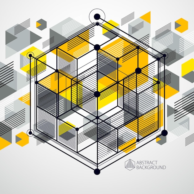 Vector of abstract geometric 3D cube pattern and yellow background. Layout of cubes, hexagons, squares, rectangles and different abstract elements.